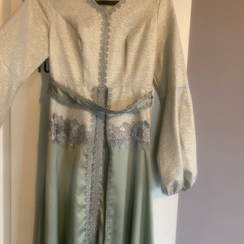 Elegant Silver and Green Long Sleeve Dress